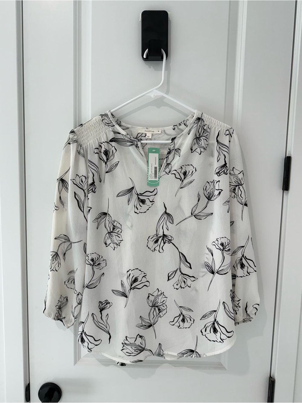 Fun 2 Fun White Blouse with Black Floral Sketch Print